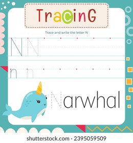 Letter Tracing Flash Card. Writing Letter N uppercase and lowercase, trace N in word Narwhal.  Worksheet to teach kids handwriting practice. Vector lined page for textbook