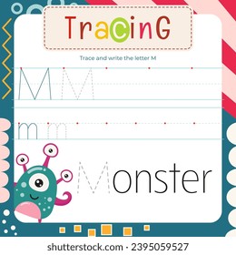 Letter Tracing Flash Card. Writing Letter M uppercase and lowercase, trace M in word Monster.  Worksheet to teach kids handwriting practice. Vector lined page for textbook