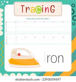 Letter Tracing Flash Card. Writing Letter I uppercase and lowercase, trace I in word Iron.  Worksheet to teach kids handwriting practice. Vector lined page for textbook