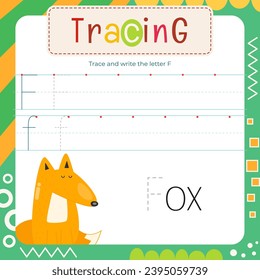 Letter Tracing Flash Card. Writing Letter F uppercase and lowercase, trace F in word Fox.  Worksheet to teach kids handwriting practice. Vector lined page for textbook