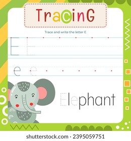 Letter Tracing Flash Card. Writing Letter E uppercase and lowercase, trace E in word Elephant.  Worksheet to teach kids handwriting practice. Vector lined page for textbook