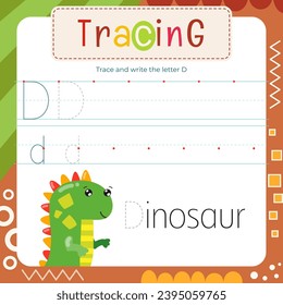 Tarjeta Flash de seguimiento de letras. Escribiendo la letra D mayúscula y minúscula, traza D en la palabra Dinosaurio.  Hoja de trabajo para enseñar a los niños prácticas de escritura a mano. Página vectorial alineada para libro de texto