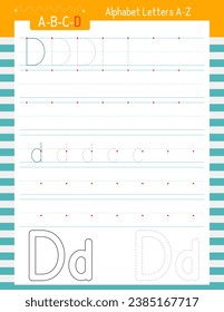 Letter Tracing learning to write for Kids workbook. For Letter D upper and lower case. Preschool tracing and handwriting practice for developing writing skills. Vector lined page for Exercise book.