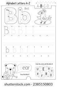 Letter Tracing Worksheet for Activity Book for kids. For Letter B upper and lower case. Preschool tracing and writing practice for toddler and teacher. Black and white Vector printable page 
