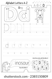 Letter Tracing Worksheet for Activity Book for kids. For Letter D upper and lower case. Preschool tracing and writing practice for toddler and teacher. Black and white Vector printable page 