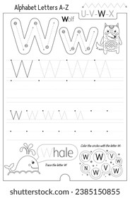 Hoja de trabajo de seguimiento de cartas para el libro de actividades para niños. Para letras W mayúsculas y minúsculas. Práctica de rastreo y escritura preescolar para niños y profesores. Página Imprimible de vectores en blanco y negro para ExGracias