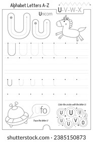 Letter Tracing Worksheet for Activity Book for kids. For Letter U upper and lower case. Preschool tracing and writing practice for toddler and teacher. Black and white Vector printable page for Exerci