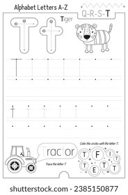 Letter Tracing Worksheet for Activity Book for kids. For Letter T upper and lower case. Preschool tracing and writing practice for toddler and teacher. Black and white Vector printable page for Exerci
