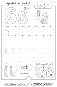 Letter Tracing Worksheet for Activity Book for kids. For Letter S upper and lower case. Preschool tracing and writing practice for toddler and teacher. Black and white Vector printable page for Exerci