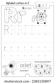 Letter Tracing Worksheet for Activity Book for kids. For Letter R upper and lower case. Preschool tracing and writing practice for toddler and teacher. Black and white Vector printable page for Exerci