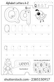 Letter Tracing Worksheet for Activity Book for kids. For Letter Q upper and lower case. Preschool tracing and writing practice for toddler and teacher. Black and white Vector printable page for Exerci