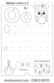 Letter Tracing Worksheet for Activity Book for kids. For Letter O upper and lower case. Preschool tracing and writing practice for toddler and teacher. Black and white Vector printable page for Exerci