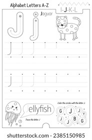 Letter Tracing Worksheet for Activity Book for kids. For Letter J upper and lower case. Preschool tracing and writing practice for toddler and teacher. Black and white Vector printable page for Exerci