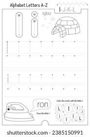 Letter Tracing Worksheet for Activity Book für Kinder. Für den Groß- und Kleinbuchstaben Letter I. Lehrübungen für Kleinkinder und Lehrer im Vorschulalter. Schwarz-Weiß-Vektorgrafik-Druckseite für Übungen