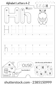 Letter Tracing Worksheet for Activity Book for kids. For Letter H upper and lower case. Preschool tracing and writing practice for toddler and teacher. Black and white Vector printable page for Exerci