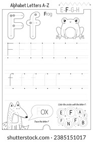 Letter Tracing Worksheet for Activity Book for kids. For Letter F upper and lower case. Preschool tracing and writing practice for toddler and teacher. Black and white Vector printable page for Exerci