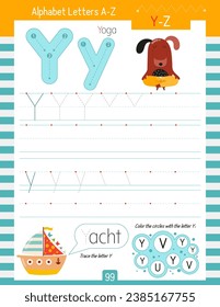 Letter Tracing Worksheet for Activity Book for kids. For Letter Y upper and lower case. Preschool tracing and writing practice for toddler and teacher. Vector printable page for Exercise book. 