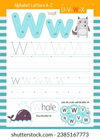 Letter Tracing Worksheet for Activity Book for kids. For Letter W upper and lower case. Preschool tracing and writing practice for toddler and teacher. Vector printable page for Exercise book.