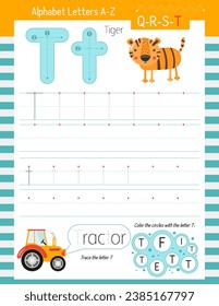 Letter Tracing Worksheet for Activity Book for kids. For Letter T upper and lower case. Preschool tracing and writing practice for toddler and teacher. Vector printable page for Exercise book. 