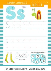 Letter Tracing Worksheet for Activity Book for kids. For Letter S upper and lower case. Preschool tracing and writing practice for toddler and teacher. Vector printable page for Exercise book. 