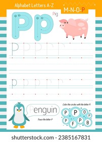 Letter Tracing Worksheet for Activity Book for kids. For Letter P upper and lower case. Preschool tracing and writing practice for toddler and teacher. Vector printable page for Exercise book. 