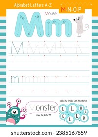 Letter Tracing Worksheet for Activity Book for kids. For Letter M upper and lower case. Preschool tracing and writing practice for toddler and teacher. Vector printable page for Exercise book. 