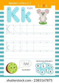 Letter Tracing Worksheet for Activity Book for kids. For Letter K upper and lower case. Preschool tracing and writing practice for toddler and teacher. Vector printable page for Exercise book. 