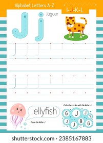 Letter Tracing Worksheet for Activity Book for kids. For Letter J upper and lower case. Preschool tracing and writing practice for toddler and teacher. Vector printable page for Exercise book. 