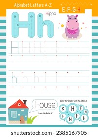 Letter Tracing Worksheet for Activity Book for kids. For Letter H upper and lower case. Preschool tracing and writing practice for toddler and teacher. Vector printable page for Exercise book. 