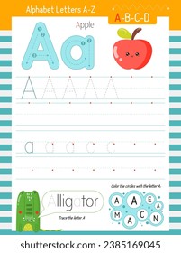 Letter Tracing Worksheet for Activity Book for kids. For Letter A upper and lower case. Preschool tracing and writing practice for toddler and teacher. Vector printable page for Exercise book. 