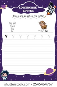 Letter Tracing Worksheet for Activity Book for kids. For Letter  y lower case. Preschool
tracing and writing practice for toddler and teacher. space and planet Vector printable page