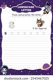 Letter Tracing Worksheet for Activity Book for kids. For Letter  s lower case. Preschool
tracing and writing practice for toddler and teacher. space and planet Vector printable page