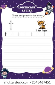 Letter Tracing Worksheet for Activity Book for kids. For Letter  t lower case. Preschool
tracing and writing practice for toddler and teacher. space and planet Vector printable page