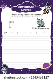 Letter Tracing Worksheet for Activity Book for kids. For Letter  r lower case. Preschool
tracing and writing practice for toddler and teacher. space and planet Vector printable page