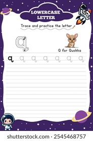 Letter Tracing Worksheet for Activity Book for kids. For Letter q lower case. Preschool
tracing and writing practice for toddler and teacher. space and planet Vector printable page