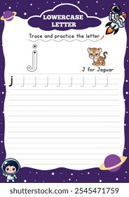 Letter Tracing Worksheet for Activity Book for kids. For Letter  j lower case. Preschool
tracing and writing practice for toddler and teacher. space and planet Vector printable page