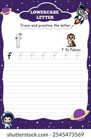 Letter Tracing Worksheet for Activity Book for kids. For Letter  f lower case. Preschool
tracing and writing practice for toddler and teacher. space and planet Vector printable page