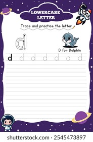 Letter Tracing Worksheet for Activity Book for kids. For Letter  d lower case. Preschool
tracing and writing practice for toddler and teacher. space and planet Vector printable page