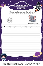 Letter Tracing Worksheet for Activity Book for kids. For Letter  e lower case. Preschool
tracing and writing practice for toddler and teacher. space and planet Vector printable page