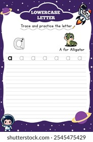 Letter Tracing Worksheet for Activity Book for kids. For Letter  a lower case. Preschool
tracing and writing practice for toddler and teacher. space and planet Vector printable page