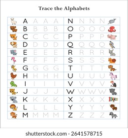 Letter Tracing Worksheet for Activity Book for kids. For Letter A to Z upper case. Preschool tracing and writing practice for toddler and teacher. Black and white Vector printable page. 103