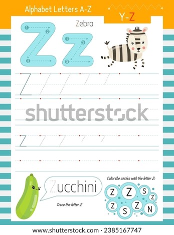 Letter Tracing Worksheet for Activity Book for kids. For Letter Z upper and lower case. Preschool tracing and writing practice for toddler and teacher. Vector printable page for Exercise book. 