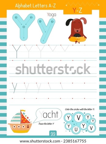 Letter Tracing Worksheet for Activity Book for kids. For Letter Y upper and lower case. Preschool tracing and writing practice for toddler and teacher. Vector printable page for Exercise book. 