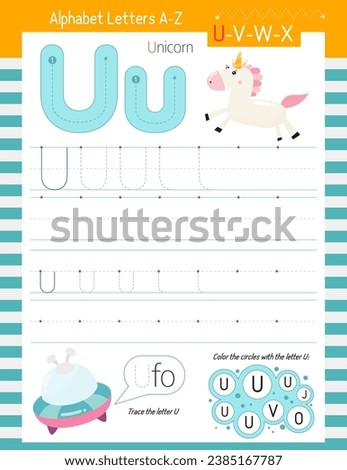 Letter Tracing Worksheet for Activity Book for kids. For Letter U upper and lower case. Preschool tracing and writing practice for toddler and teacher. Vector printable page for Exercise book. 