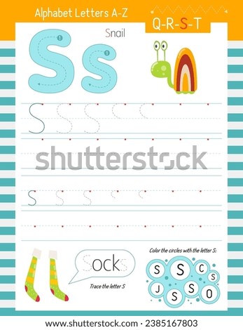 Letter Tracing Worksheet for Activity Book for kids. For Letter S upper and lower case. Preschool tracing and writing practice for toddler and teacher. Vector printable page for Exercise book. 