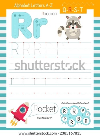 Letter Tracing Worksheet for Activity Book for kids. For Letter R upper and lower case. Preschool tracing and writing practice for toddler and teacher. Vector printable page for Exercise book. 