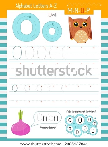 Letter Tracing Worksheet for Activity Book for kids. For Letter O upper and lower case. Preschool tracing and writing practice for toddler and teacher. Vector printable page for Exercise book. 