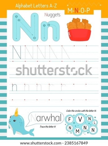 Letter Tracing Worksheet for Activity Book for kids. For Letter N upper and lower case. Preschool tracing and writing practice for toddler and teacher. Vector printable page for Exercise book. 
