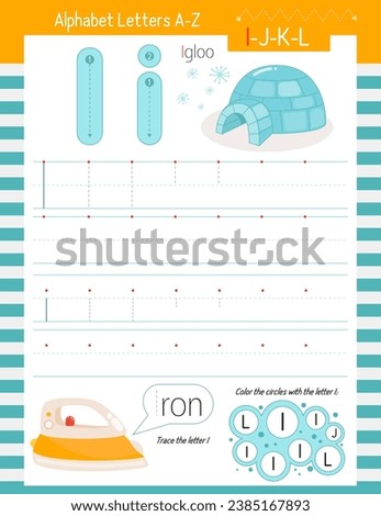 Letter Tracing Worksheet for Activity Book for kids. For Letter I upper and lower case. Preschool tracing and writing practice for toddler and teacher. Vector printable page for Exercise book. 