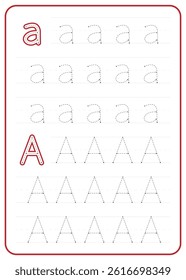 Letter A tracing. A worksheet for children's writing practice. Uppercase and lowercase. Vector design.